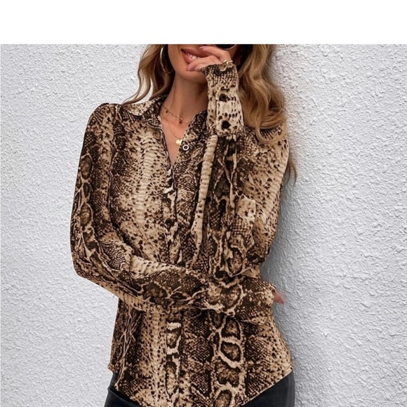 Snakeskin Print Cuffed Long Sleeve Sheer Top Blouse Button Down Shirt - Picture 10 of 12